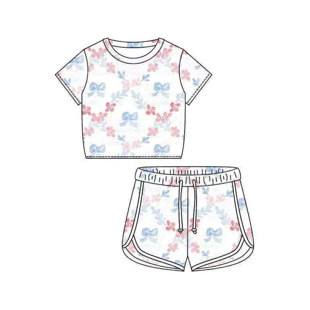 ( Moq 5 ) Preorder Baby Girls Kids Short Sleeves Shirt Bows Flower Shorts 4th of July Set