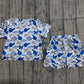 Baby Girls Kids Short Sleeves Blue Bows Cheer Shirt Scallop Shorts Team Set RTS