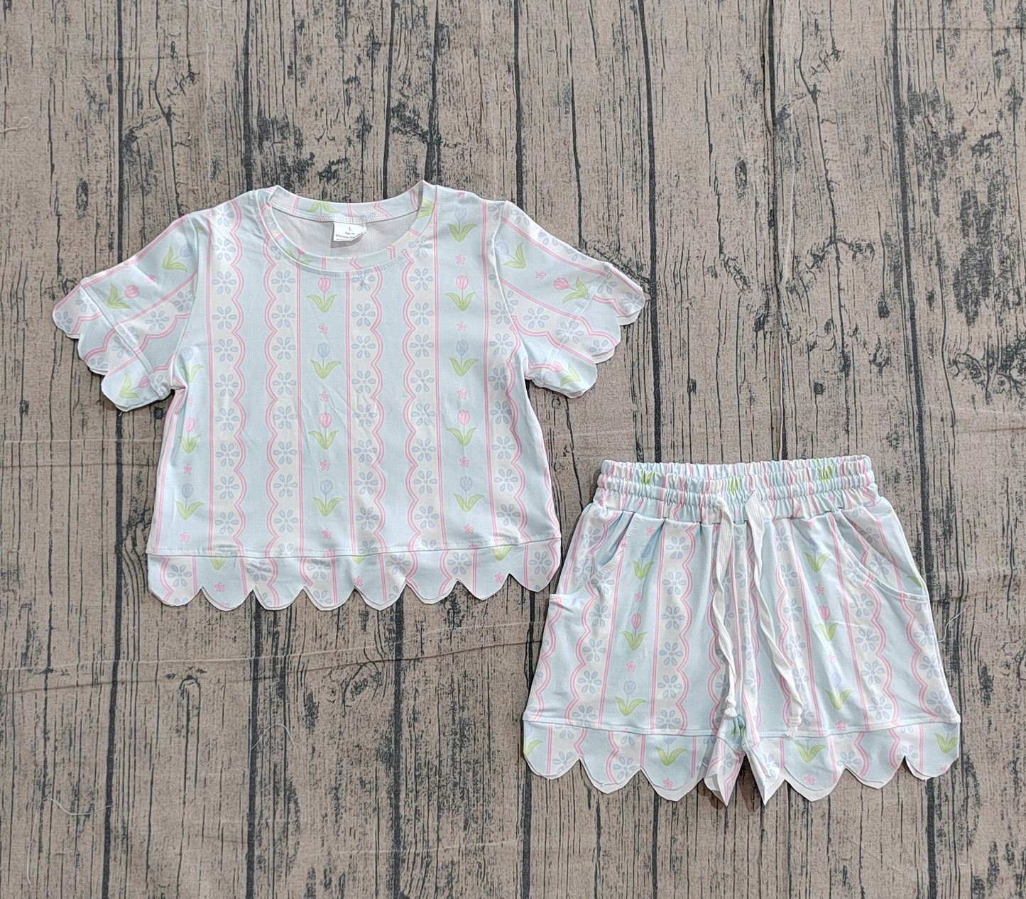 Baby Girls Kids Short Sleeves Flower Shirt Scallop Scallop Shorts Summer Set RTS