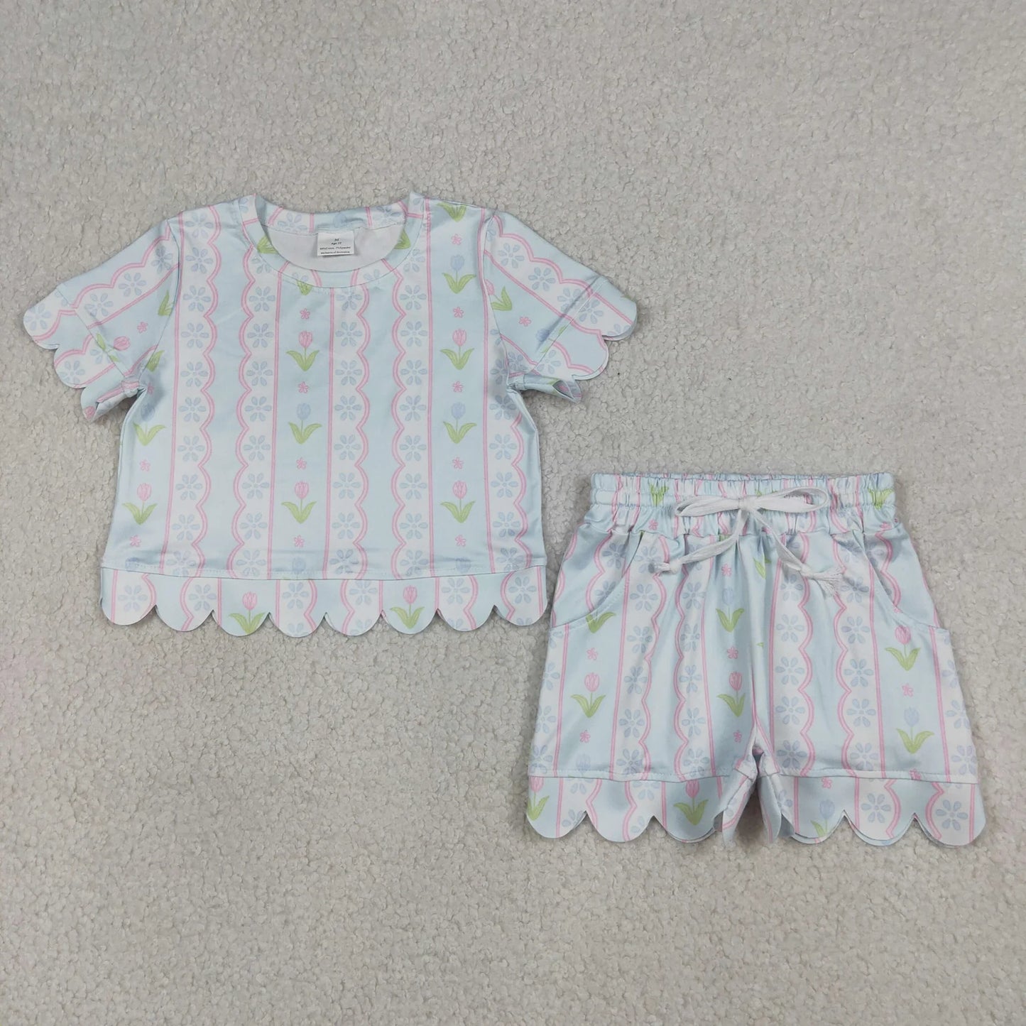 Sibling Baby Girls Kids Short Sleeves Flower Scallop Shirts Shorts Summer Sets Clothes RTS