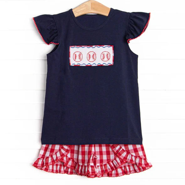 ( Moq 5 ) Preorder Baby Girls Kids Short Sleeves Baseball Shirt Red Plaid Shorts Summer Set
