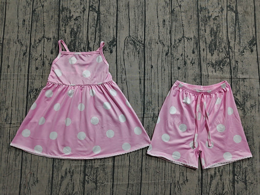 ( No moq ) Preorder Baby Girls Kids Straps Dots Tunic Shorts Summer Pink Clothes Set