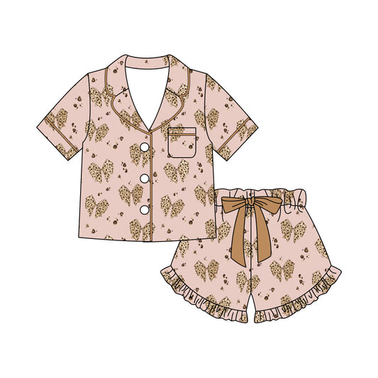 ( Moq 5 ) Preorder Adult Women Short Sleeves Leopard Bows Buttons Shirt Shorts Pajamas Set