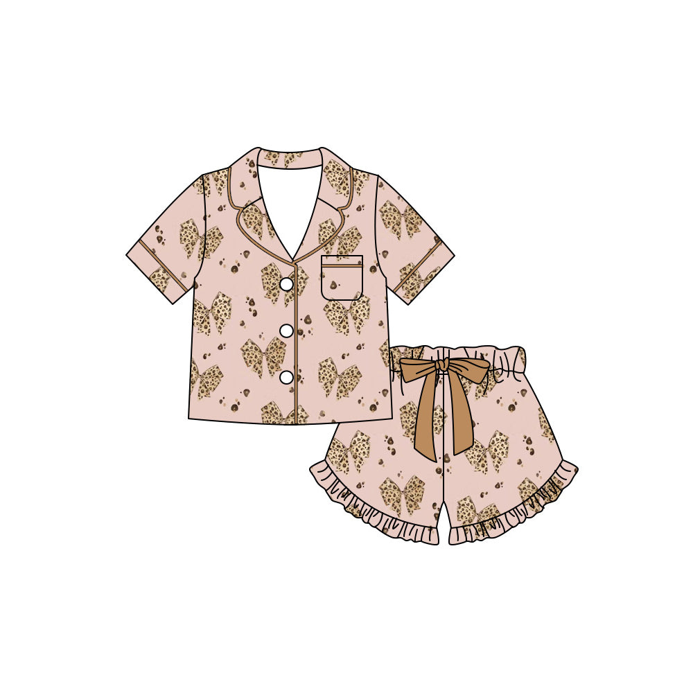 ( Moq 5 ) Preorder Baby Girls Kids Short Sleeves Leopard Bows Pocket Buttons Shirt Shorts Pajamas Set