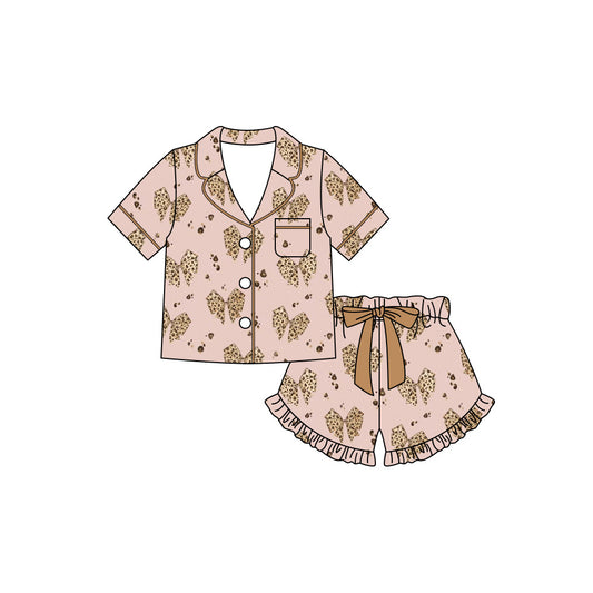 ( Moq 5 ) Preorder Baby Girls Kids Short Sleeves Leopard Bows Pocket Buttons Shirt Shorts Pajamas Set