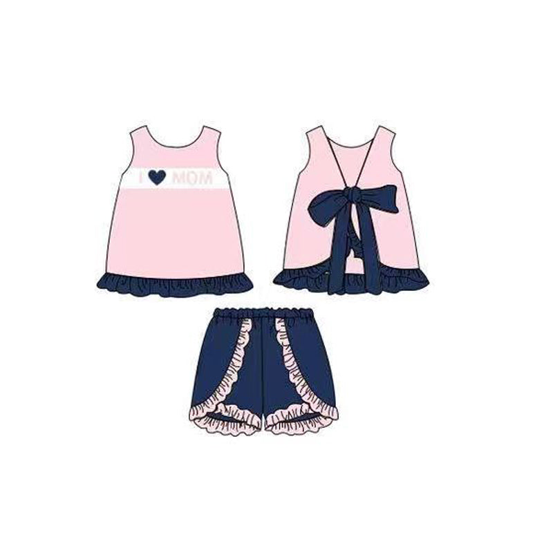 ( Moq 5 ) Preorder Baby Girls Kids I Love Mom Tops Navy Ruffle Shorts Set