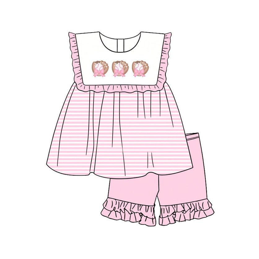 ( Moq 5 ) Preorder Baby Girls Kids Baseball Bows Stripes Tunic Pink Ruffle Shorts Set Clothes