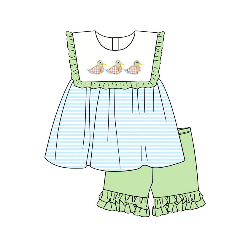 ( Moq 5 ) Preorder Baby Girls Kids Short Sleeves Ducks Stripes Tunic Green Shorts Set Clothes