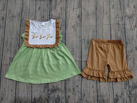 ( No moq ) Preorder Baby Girls Kids Embroidery Ducks Green Stripes Tunic Ruffle Shorts Set