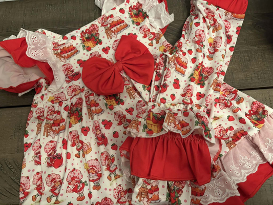 ( Moq 5 ) Preorder Baby Girls Short Sleeves Strawberry Tunic Ruffle Pants Clothes Set