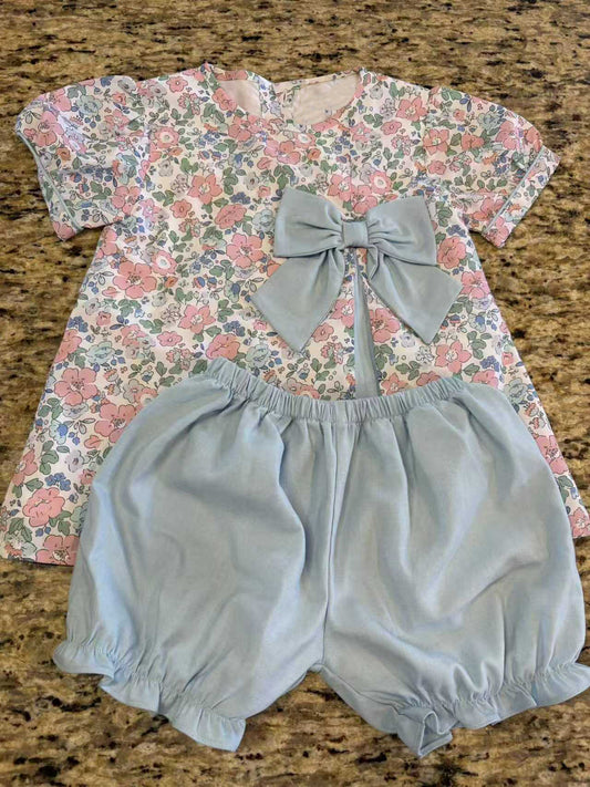( Moq 5 ) Preorder Baby Girls Kids Short Sleeves Flower Bow Tops Blue Shorts Set Clothes