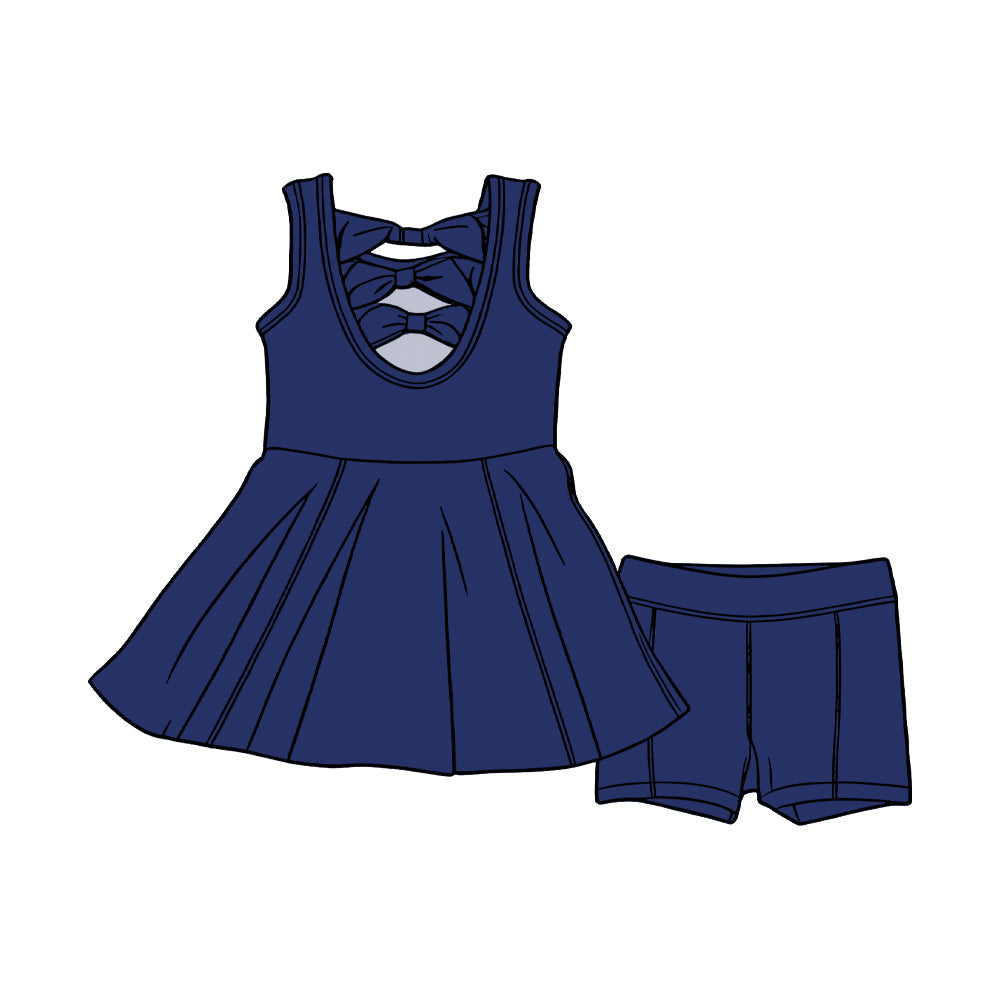 ( Moq 5 ) Preorder Baby Girls Kids Sleeveless Navy Bows Tunic Shorts Set Clothes