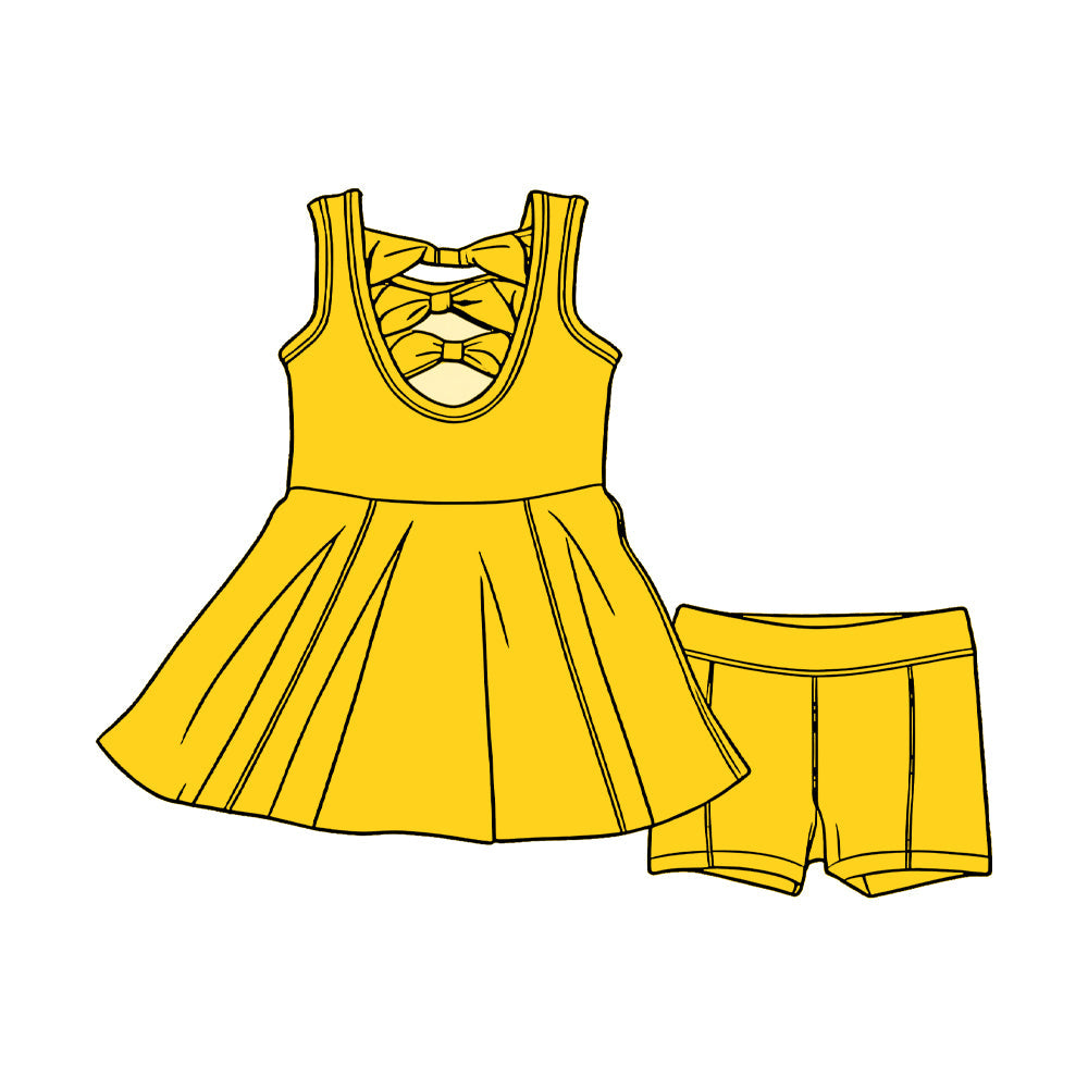 ( Moq 5 ) Preorder Baby Girls Kids Sleeveless Yellow Bows Tunic Shorts Set Clothes