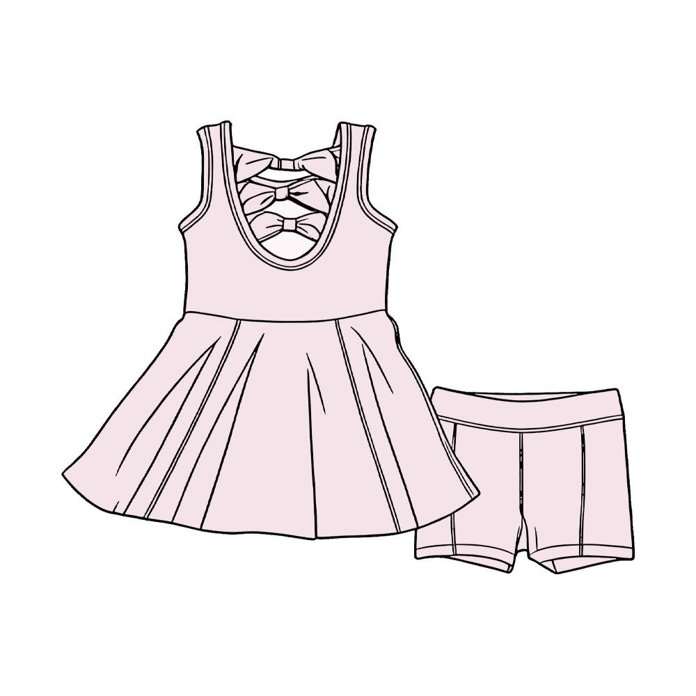 ( Moq 5 ) Preorder Baby Girls Kids Sleeveless Light Pink Bows Tunic Shorts Set Clothes