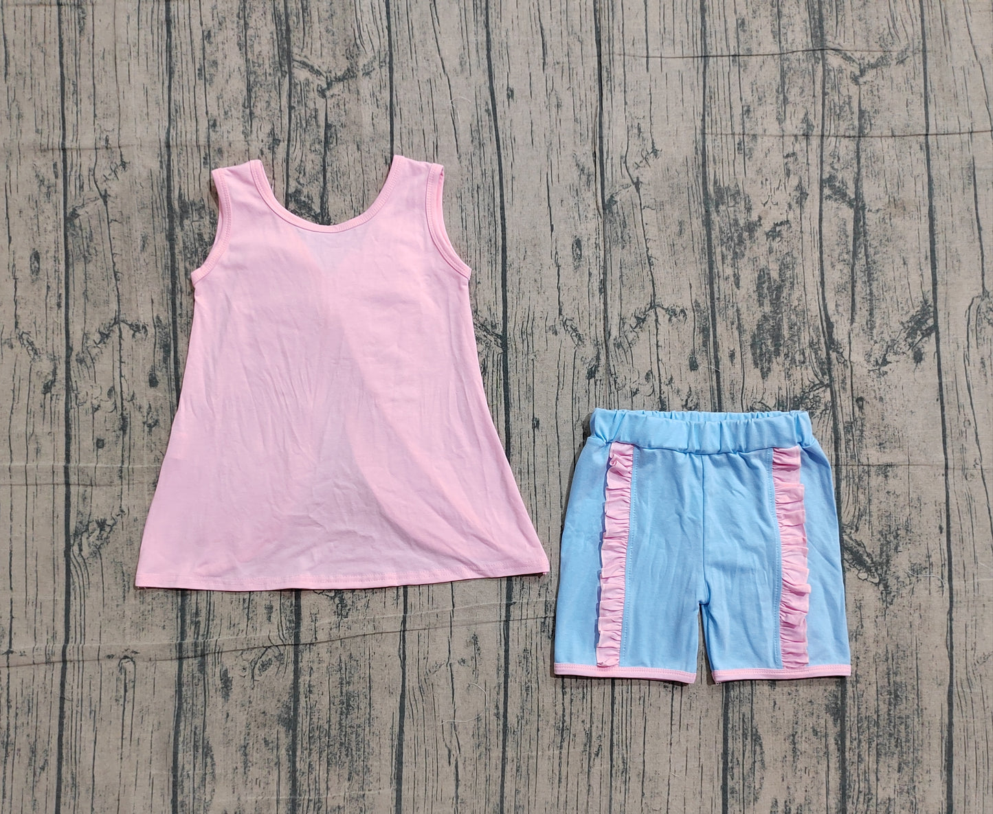 Baby Girls Pink Sleeveless Blue Bows Tops Ruffle Shorts Set Clothes RTS