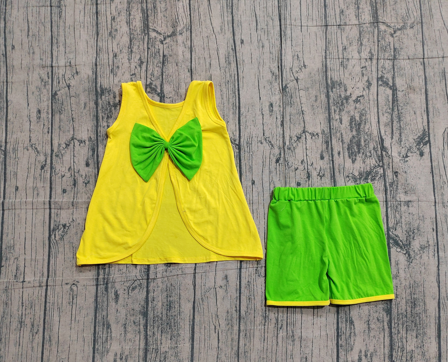 (Baby Girls Yellow Sleeveless Green Bows Tops Ruffle Shorts Set Clothes RTS