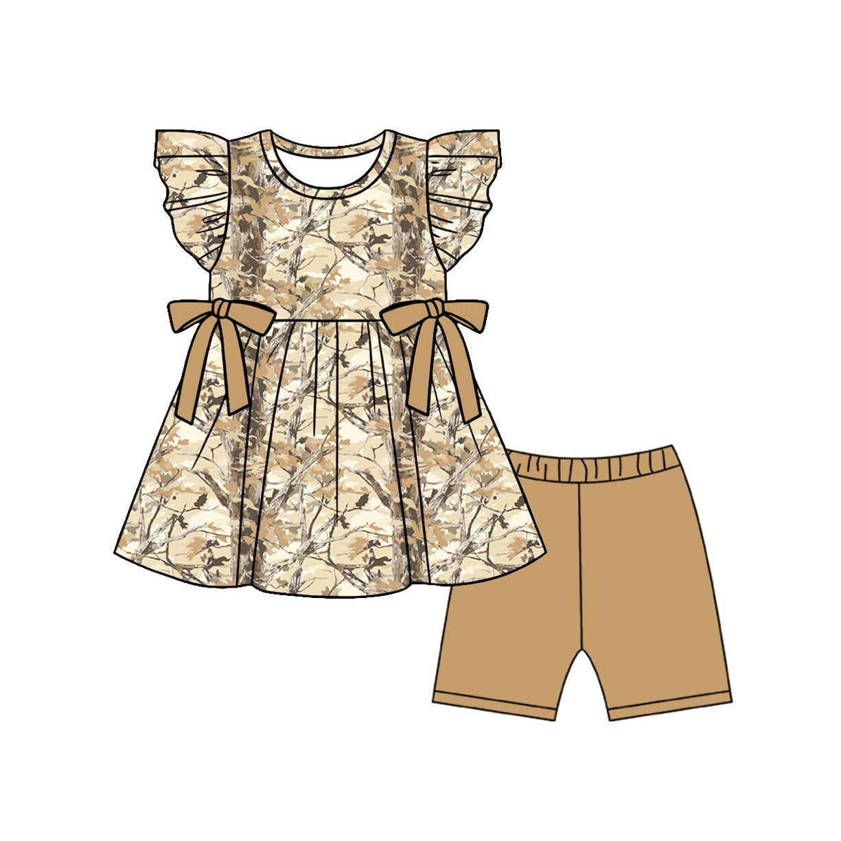 ( Moq 5 ) Preorder Baby Girls Short Sleeves Leaves Bows Tunic Shorts Set Camo Clothes