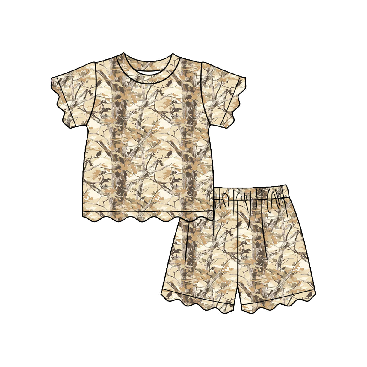 ( Moq 5 ) Preorder Baby Girls Kids Short Sleeves Leaves Shirt Shorts Pajamas Camo Set