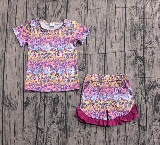 ( No moq ) Preorder Baby Girls Short Sleeves Animals Shirt Purple Ruffle Shorts Set Clothes