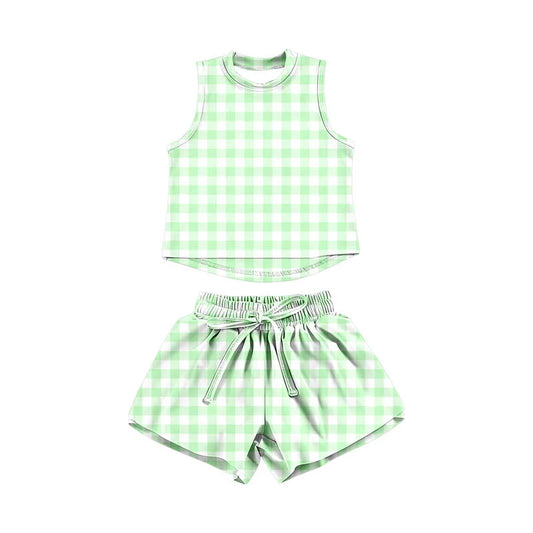 ( Moq 5 ) Preorder Baby Girls Kids Sleeveless Green Plaid Tops Shorts Set Yoga Clothes