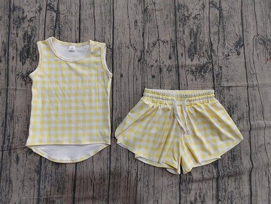 ( No moq ) Preorder Baby Girls Kids Sleeveless Yellow Plaid Tops Shorts Set Yoga Clothes