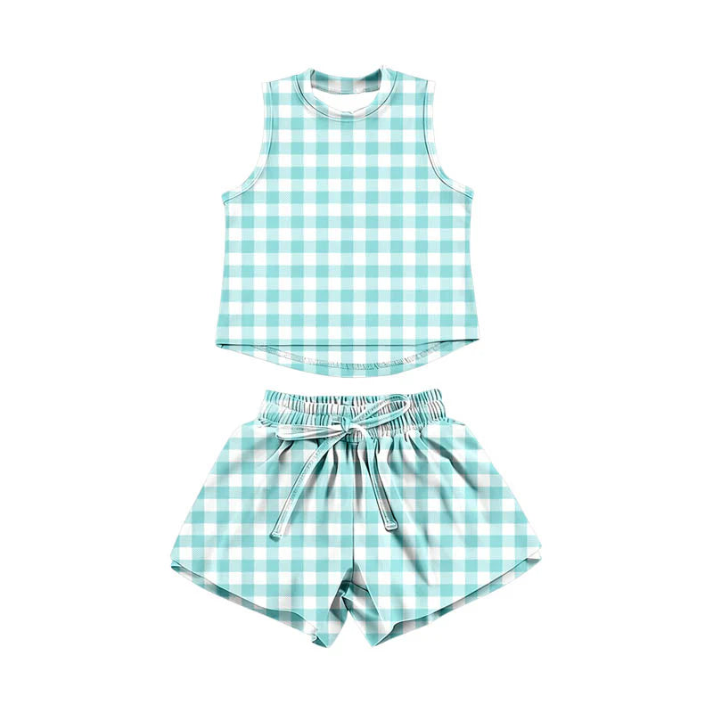 ( Moq 5 ) Preorder Baby Girls Kids Sleeveless Plaid Tops Shorts Set Yoga Clothes