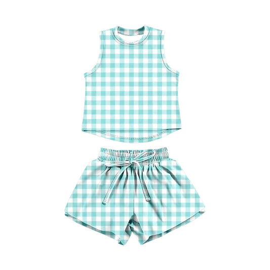 ( Moq 5 ) Preorder Baby Girls Kids Sleeveless Plaid Tops Shorts Set Yoga Clothes
