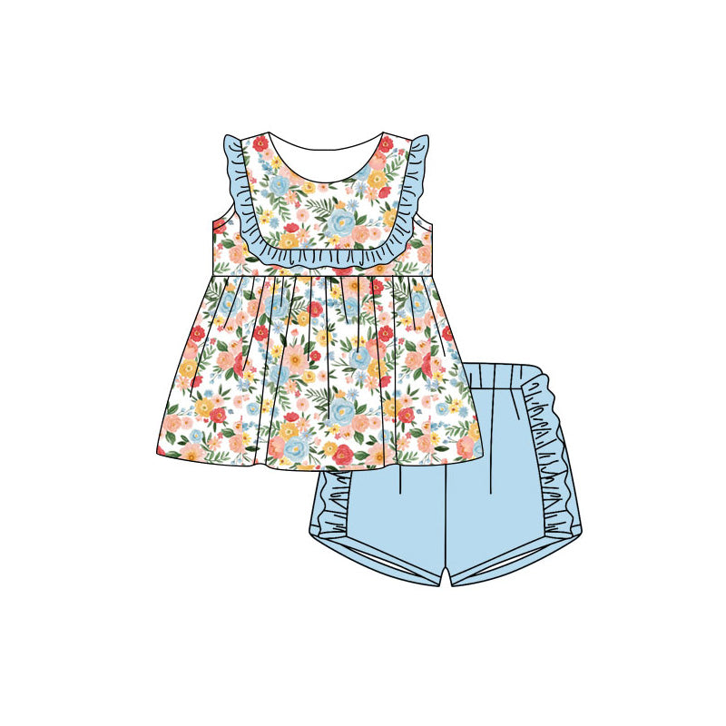 ( Moq 5 ) Preorder Baby Girls Kids Flower Tunic Blue Ruffle Shorts Set Summer Clothes