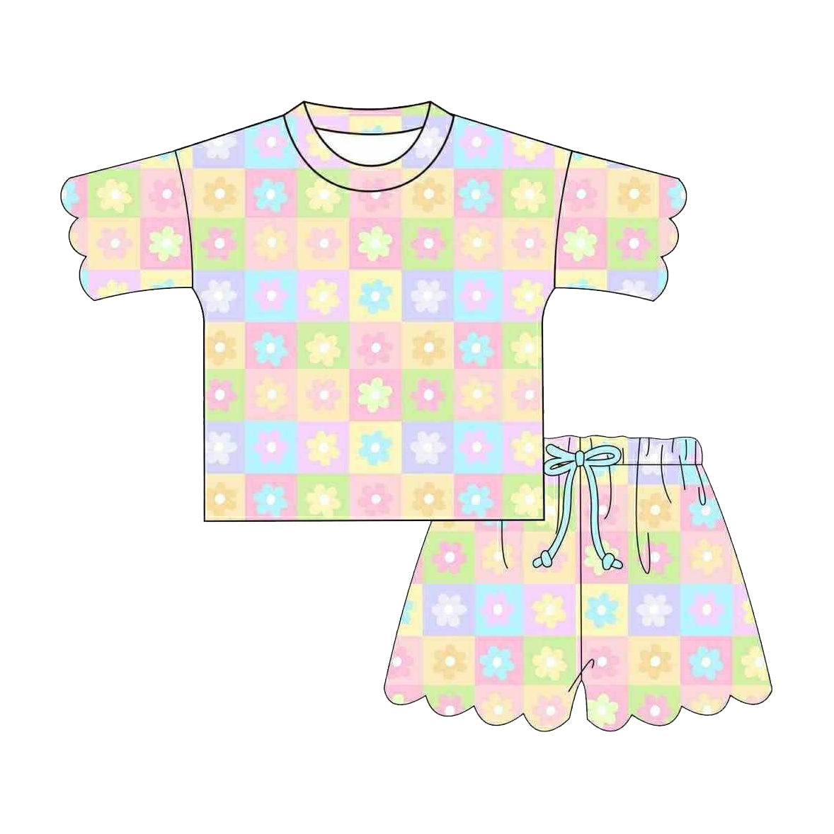 ( Moq 5 ) Preorder Baby Girls Kids Short Sleeves Flower Plaid Shirt Shorts Set Clothes