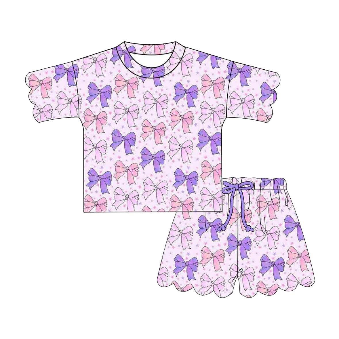 ( Moq 5 ) Preorder Baby Girls Kids Short Sleeves Purple Bows Shirt Shorts Set Clothes