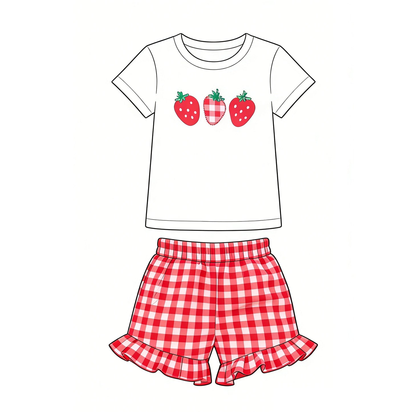 ( Moq 5 ) Preorder Baby Girls Kids Strawberry Shirt Red Plaid Ruffle Short Set Clothes