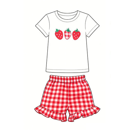 ( Moq 5 ) Preorder Baby Girls Kids Strawberry Shirt Red Plaid Ruffle Short Set Clothes