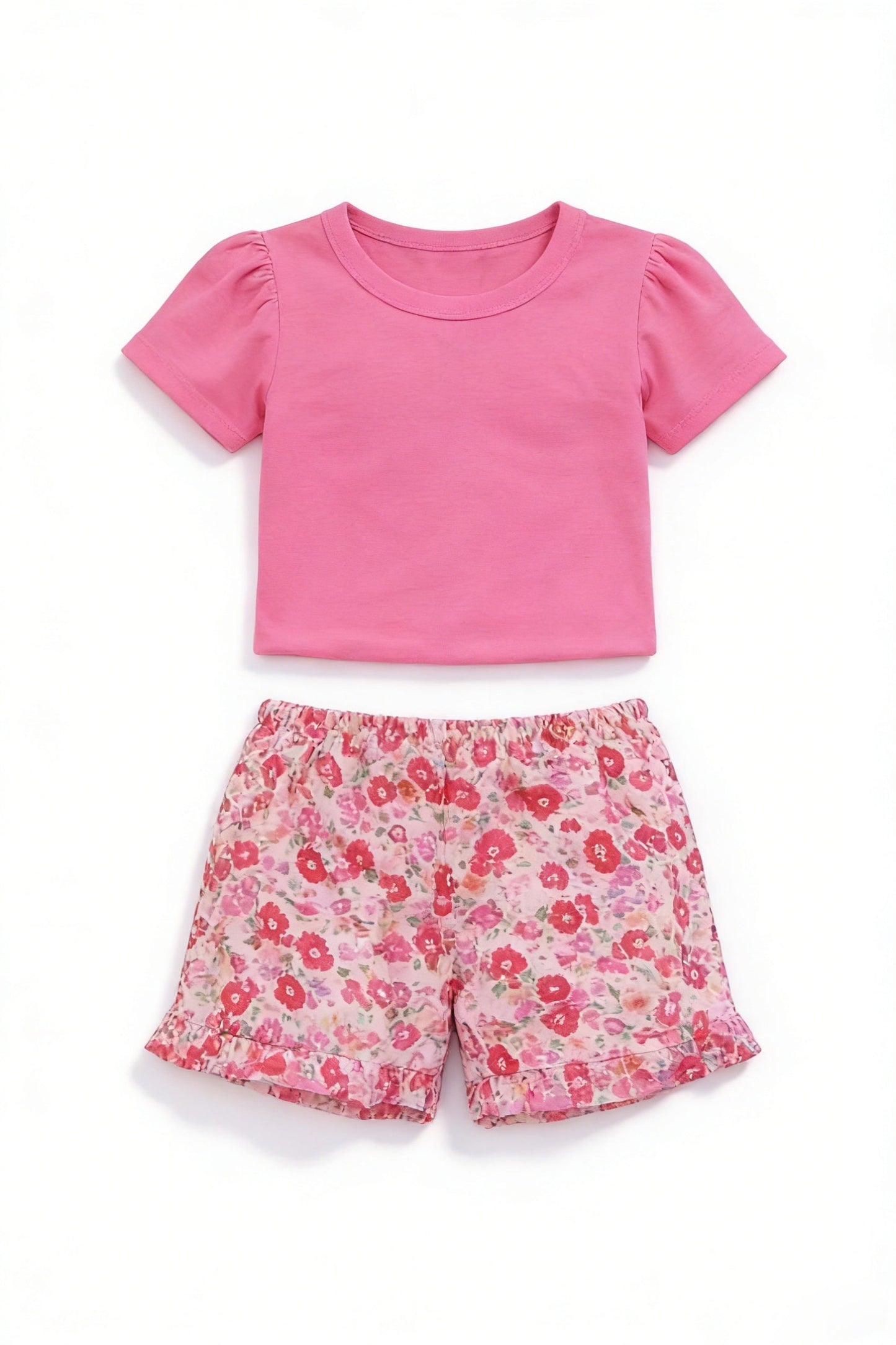 ( Moq 5 ) Preorder Baby Girls Kids Short Sleeves Pink Shirt Flower Shorts Outfit Clothes