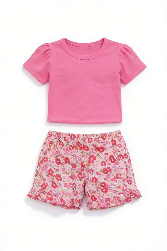 ( Moq 5 ) Preorder Baby Girls Kids Short Sleeves Pink Shirt Flower Shorts Outfit Clothes