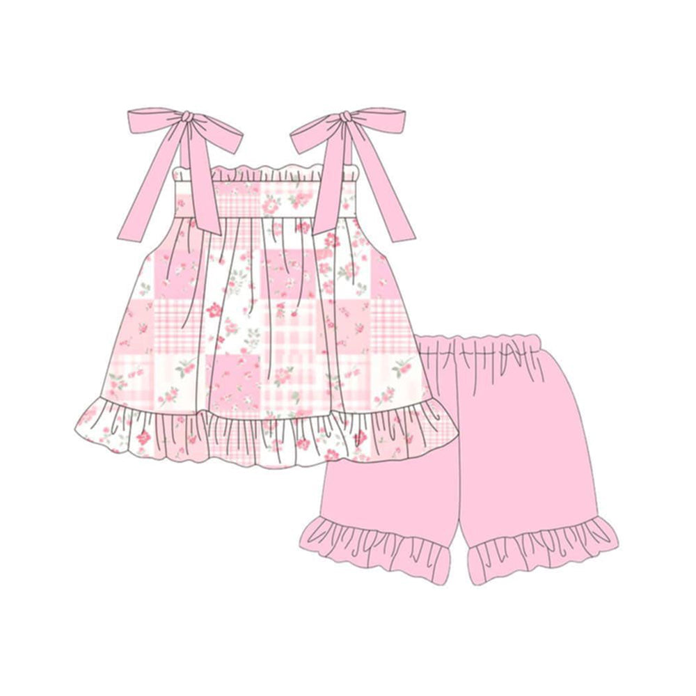 ( Moq 5 ) Preorder Baby Girls Straps Flower Plaid Tunic Pink Ruffle Shorts Set Clothes