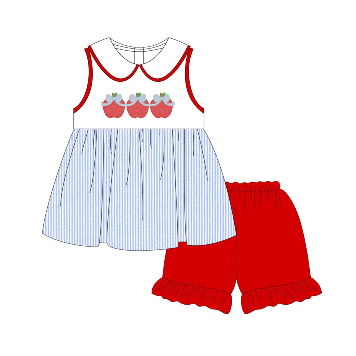 ( Moq 5 ) Preorder Baby Girls Bows Apple Tunic Red Ruffle Shorts Set Back to School Clothes