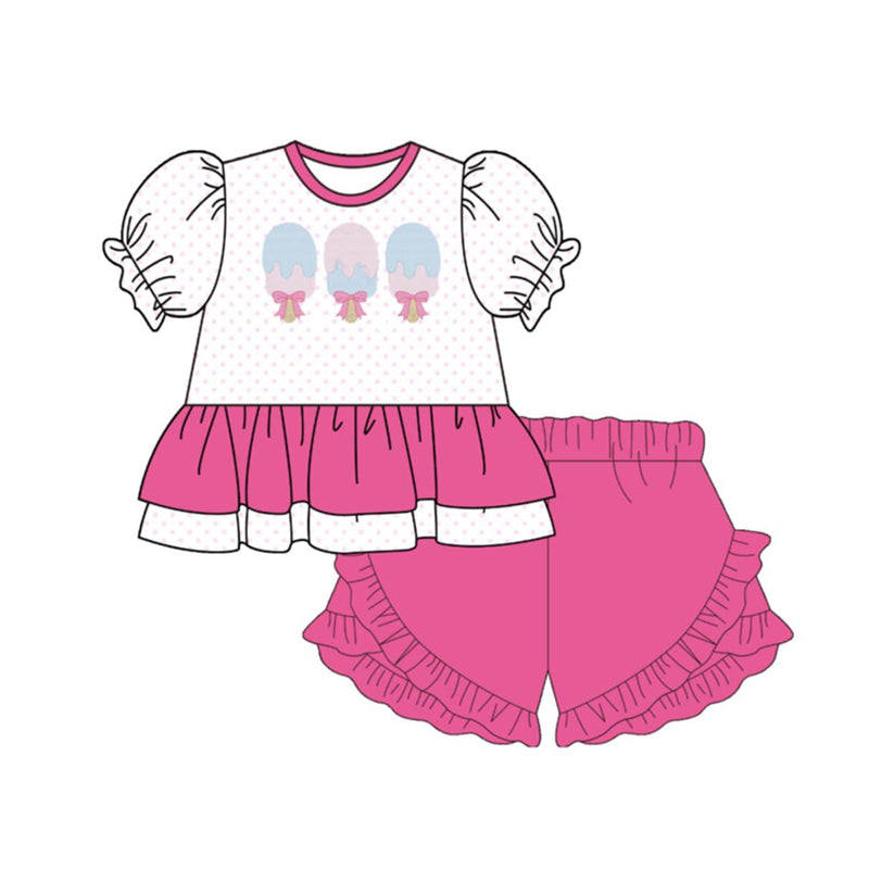 ( Moq 5 ) Preorder Baby Girls Short Sleeves Popsicle Bows Tunic Pink Ruffle Shorts Set Clothes