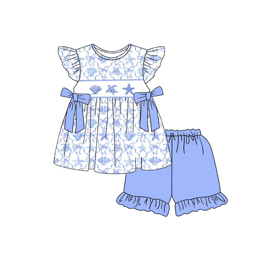 ( Moq 5 ) Preorder Baby Girls Kids Short Sleeves Shell Bows Tunic Ruffle Shorts Set Clothes