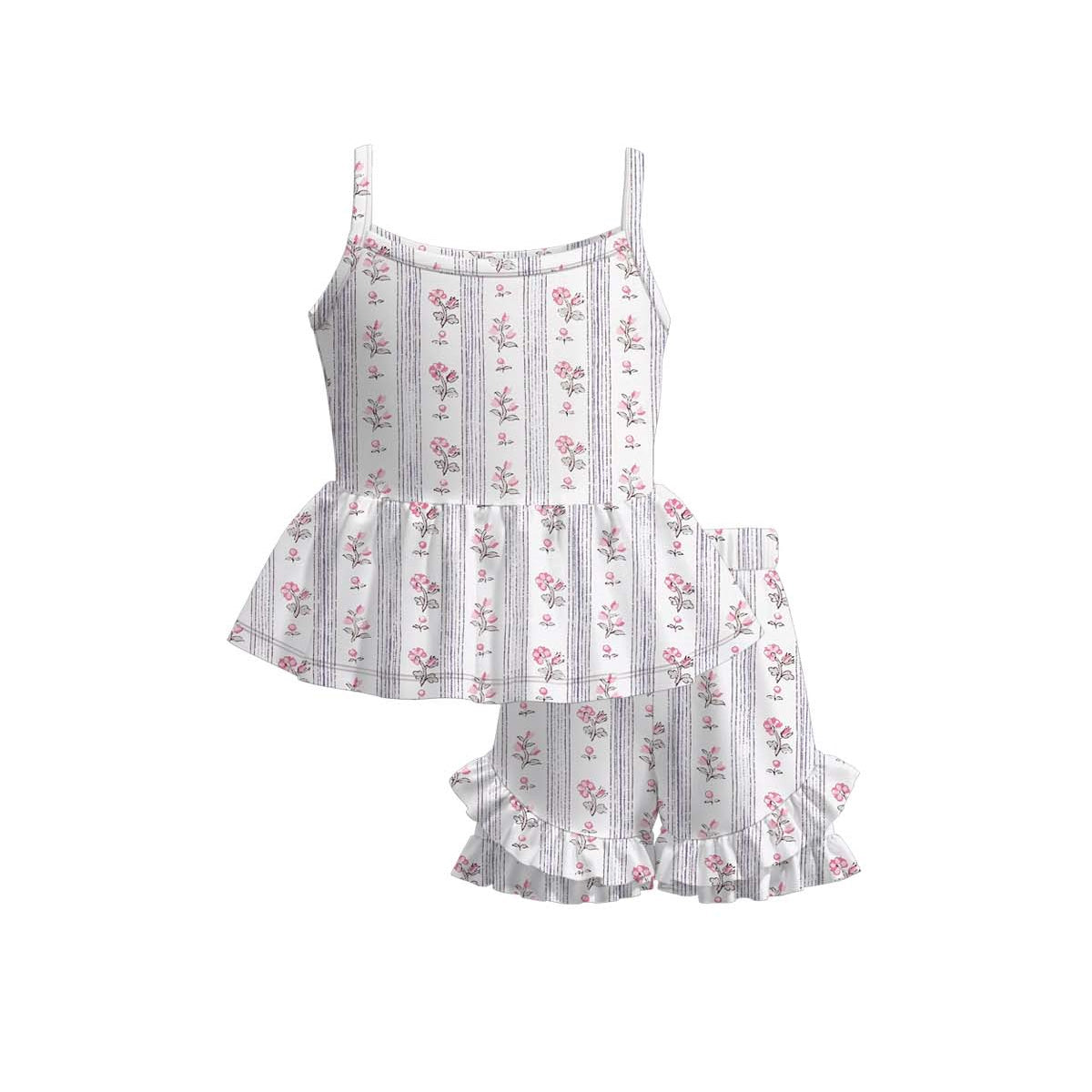 (Moq 5 ) Preorder Baby Girls Straps Flower Stripes Tops Ruffle Shorts Set Clothes