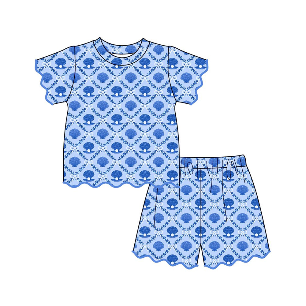 ( Moq 5 ) Preorder Baby Girls Short Sleeves Shell Bows Shirt Scallop Shorts Blue Set Clothes