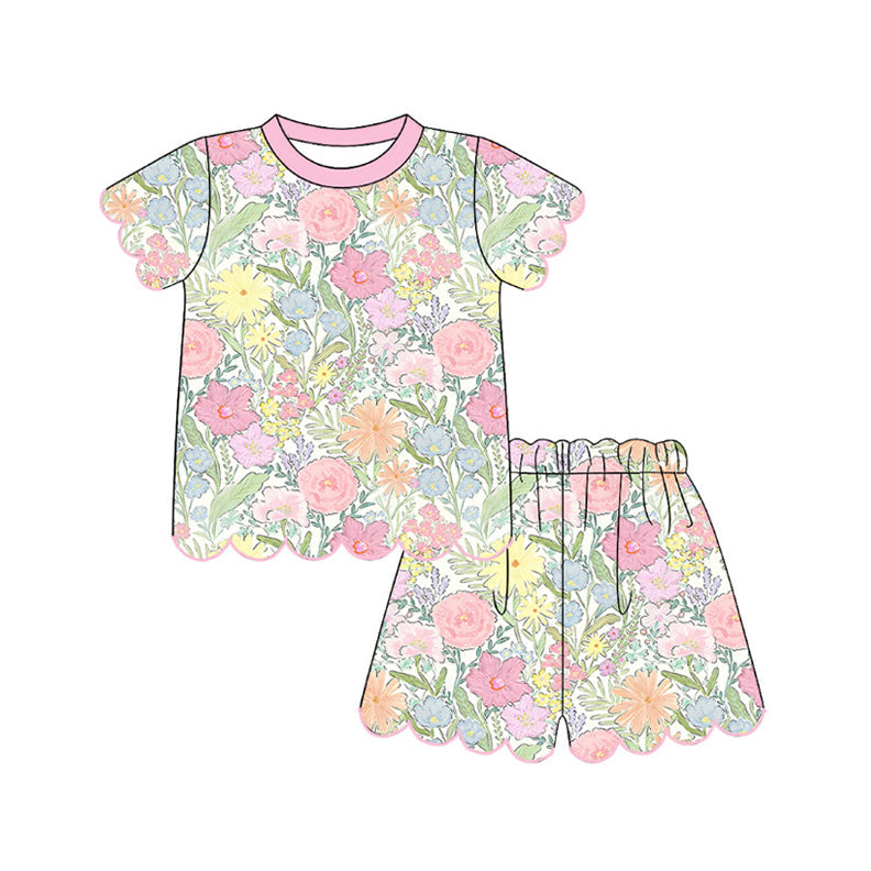 ( Moq 5 ) Preorder Baby Girls Kids Short Sleeves Shirt Scallop Shorts Flower Set Clothes