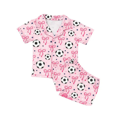 ( Moq 5 ) Preorder Baby Girls Short Sleeves Bow Soccer Buttons Shirt Shorts Set Pajamas