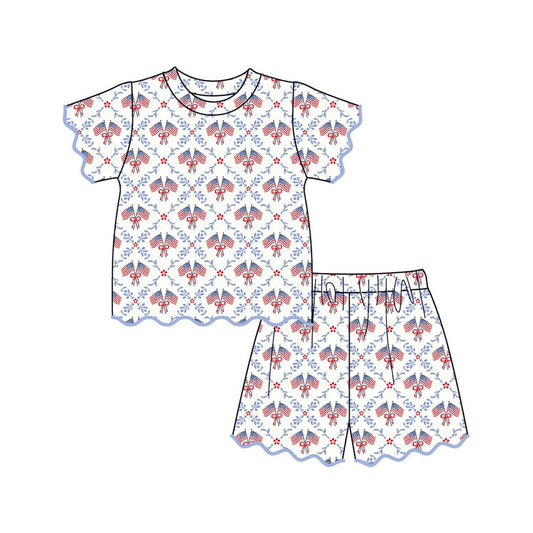 ( Moq 5 ) Preorder Baby Girls Bows Flags Flower Stripes Shirt Scallop Shorts Set 4th of July Clothes