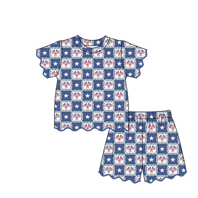 ( Moq 5 ) Preorder Baby Girls Kids Bow Flags Stars Shirt Scallop Shorts Set 4th of July Clothes