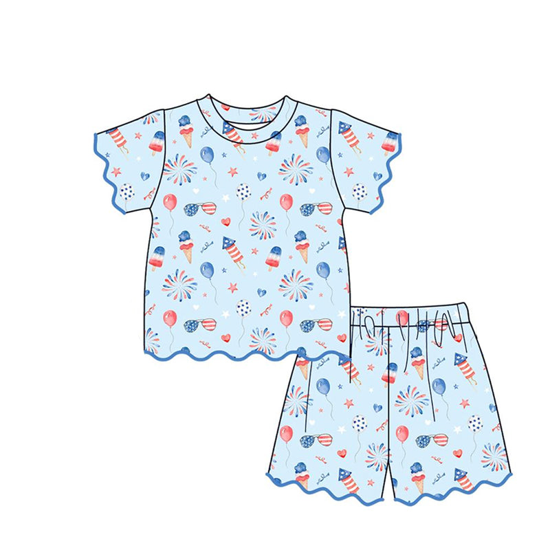 ( Moq 5 ) Preorder Baby Girls Toddler Popsicle Shirt Scallop Shorts 4th of July Set Clothes