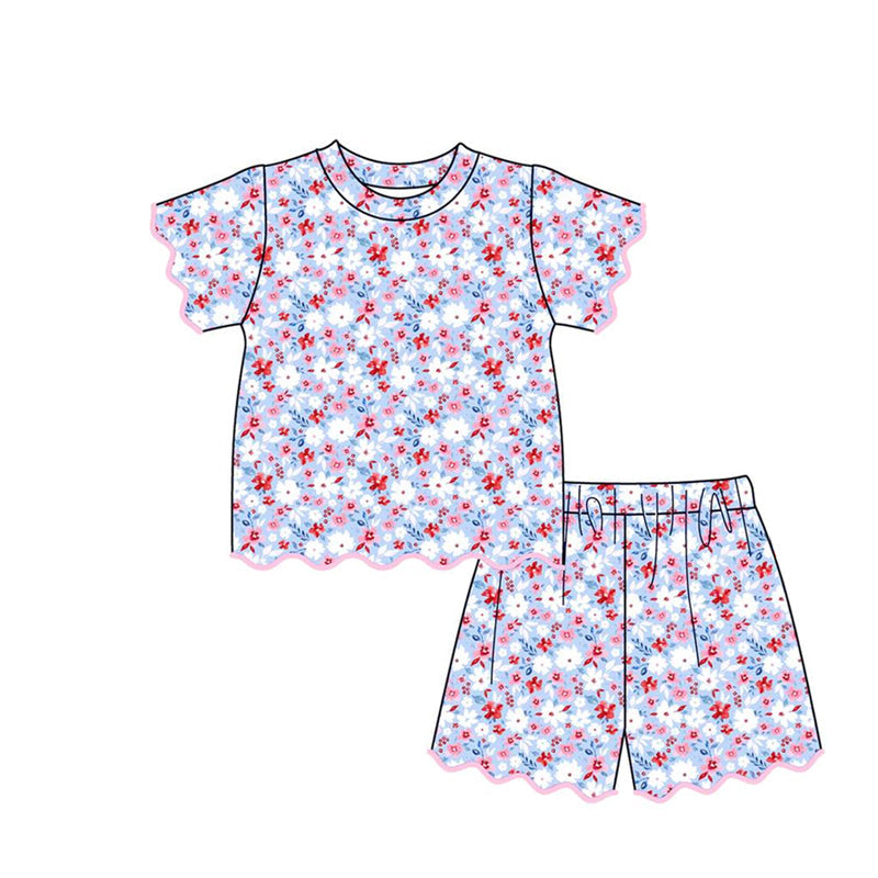 ( Moq 5 ) Preorder Baby Girls Toddler Flower Shirt Scallop Shorts 4th of July Set Clothes