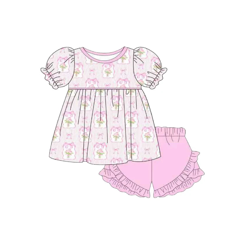 ( Moq 5 ) Preorder Baby Girls Short Sleeves Flower Bows Tunic Pink Ruffle Shorts Set Clothes