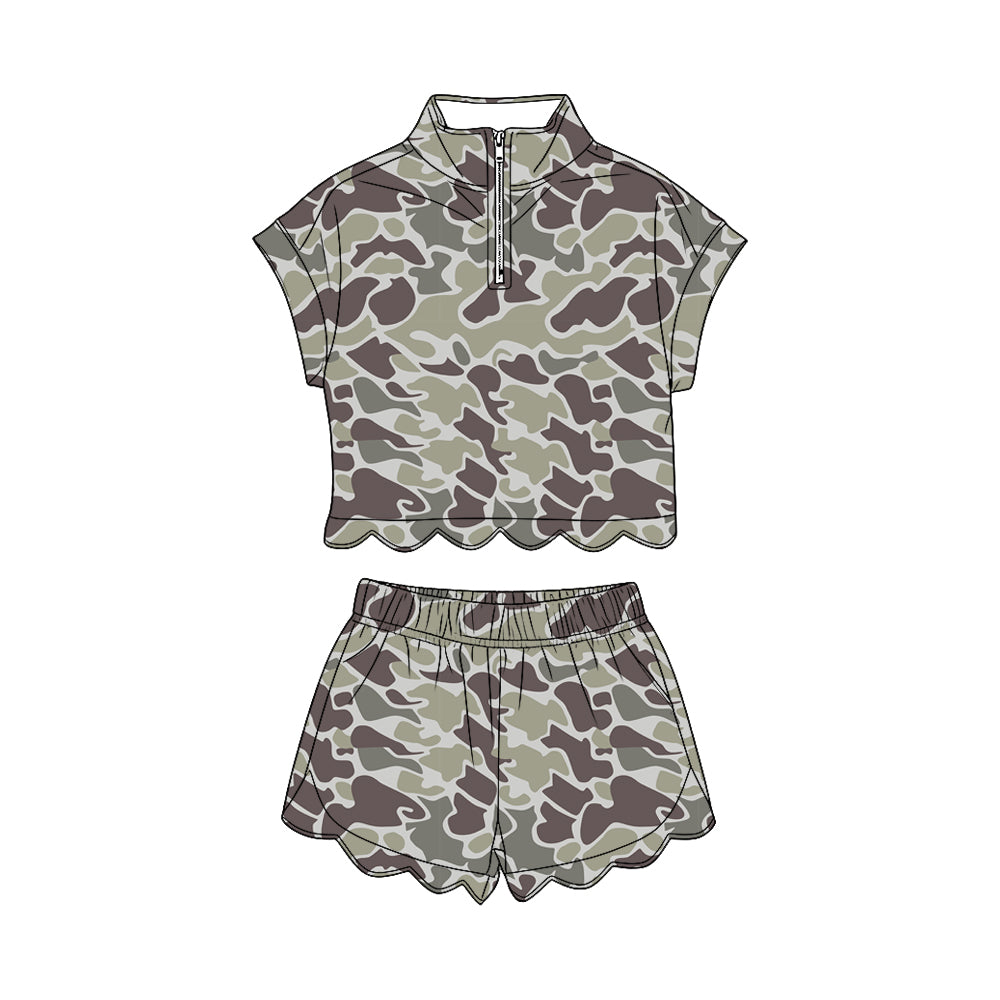 ( Moq 5 ) Preorder Baby Girls Kids Dark Grey Camo Zipper Shirt Scallop Shorts Set Clothes