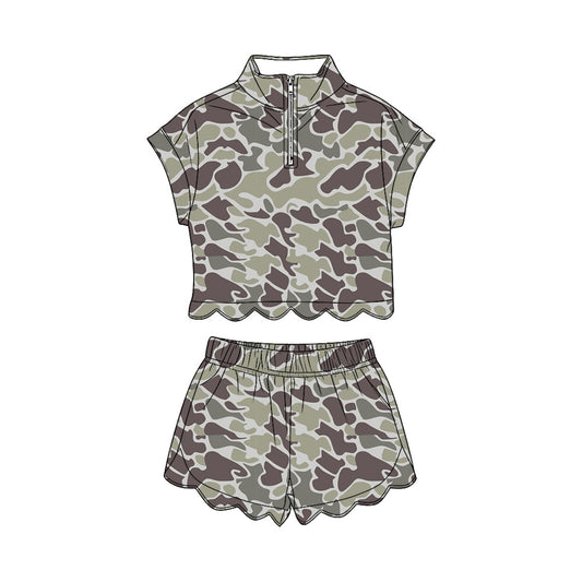 ( Moq 5 ) Preorder Baby Girls Kids Dark Grey Camo Zipper Shirt Scallop Shorts Set Clothes
