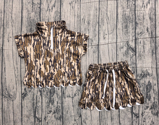 ( No moq ) Preorder Baby Girls Kids Short Sleeves Olive Camo Zipper Shirt Scallop Shorts Set Clothes